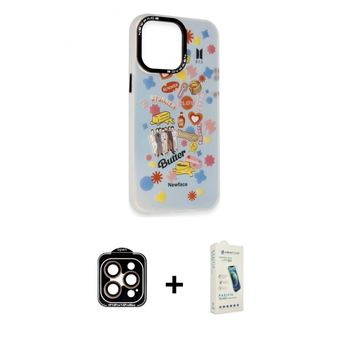 MARSİLYAN™- iPhone 14 Pro Max Kılıf Siluet Çizgi Koleksiyonu - Şeffaf Pasifik Cam Ekran Koruyucu + PVD Metal Kamera Lens - TU