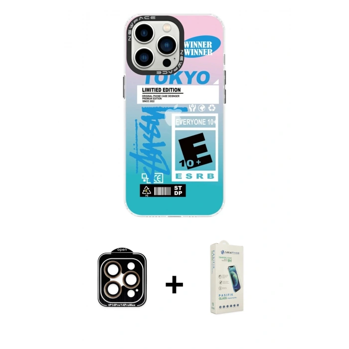 MARSİLYAN™- iPhone 14 Pro Max Kılıf Siluet Çizgi Koleksiyonu - Şeffaf Pasifik Cam Ekran Koruyucu + PVD Metal Kamera Lens - TU