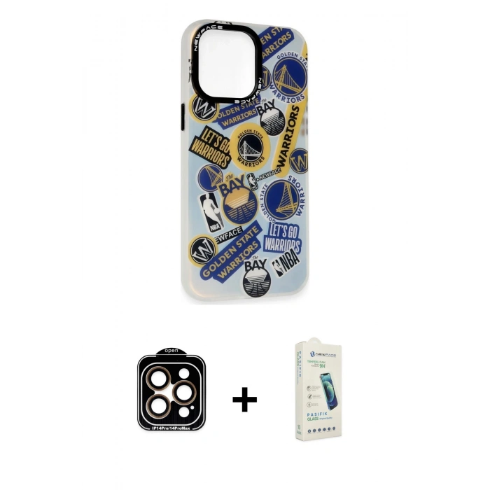 MARSİLYAN™- iPhone 14 Pro Max Kılıf Siluet Çizgi Koleksiyonu - Şeffaf Pasifik Cam Ekran Koruyucu + PVD Metal Kamera Lens - TU