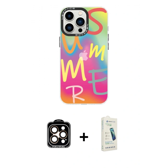 MARSİLYAN™- iPhone 14 Pro Max Kılıf Siluet Çizgi Koleksiyonu - Şeffaf Pasifik Cam Ekran Koruyucu + PVD Metal Kamera Lens - TU