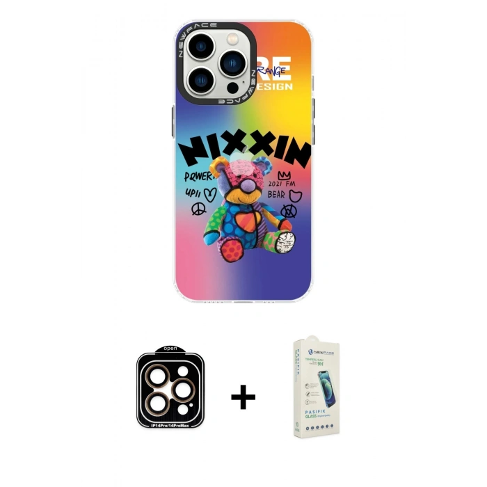 MARSİLYAN™- iPhone 14 Pro Max Kılıf Siluet Çizgi Koleksiyonu - Şeffaf Pasifik Cam Ekran Koruyucu + PVD Metal Kamera Lens - TU
