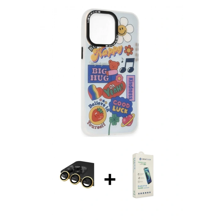MARSİLYAN™- iPhone 14 Pro Max Kılıf Siluet Çizgi Koleksiyonu - Şeffaf Pasifik Cam Ekran Koruyucu + Raze Metal Kamera Lens - GD