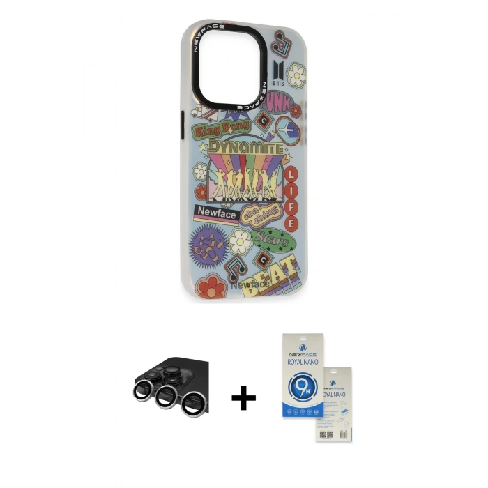 MARSİLYAN™- iPhone 14 Pro Max Kılıf Siluet Çizgi Koleksiyonu - Şeffaf Royal Nano Ekran Koruyucu + Gümüş Raze Metal Kamera Lens