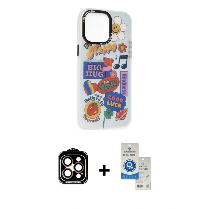 MARSİLYAN™- iPhone 14 Pro Max Kılıf Siluet Çizgi Koleksiyonu - Şeffaf Royal Nano Ekran Koruyucu + PVD Metal Kamera Lens - TU
