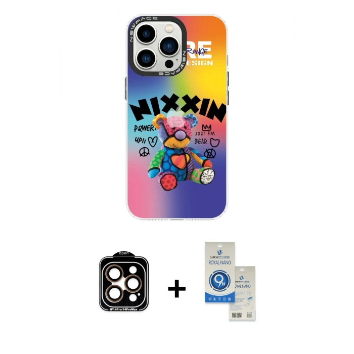 MARSİLYAN™- iPhone 14 Pro Max Kılıf Siluet Çizgi Koleksiyonu - Şeffaf Royal Nano Ekran Koruyucu + PVD Metal Kamera Lens - TU