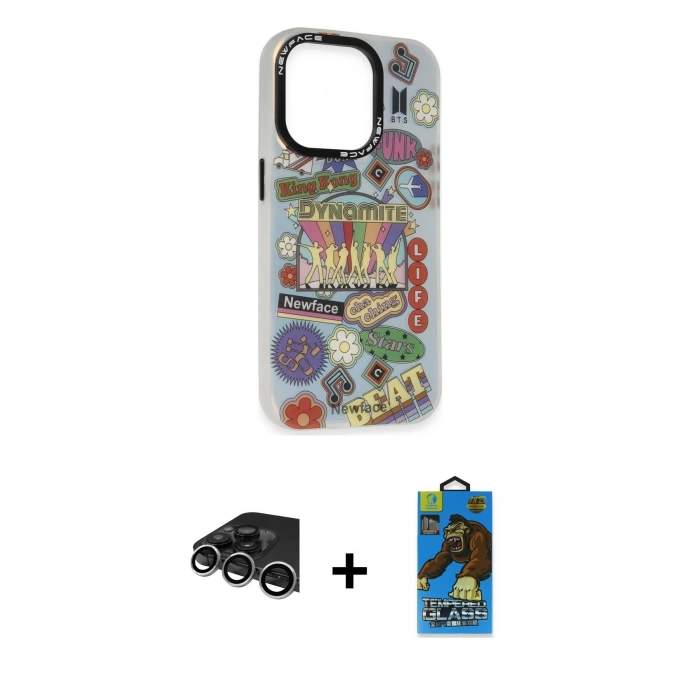 MARSİLYAN™- iPhone 14 Pro Max Kılıf Siluet Çizgi Koleksiyonu - Siyah 18D Cam Ekran Koruyucu + Raze Metal Kamera Lens - GS
