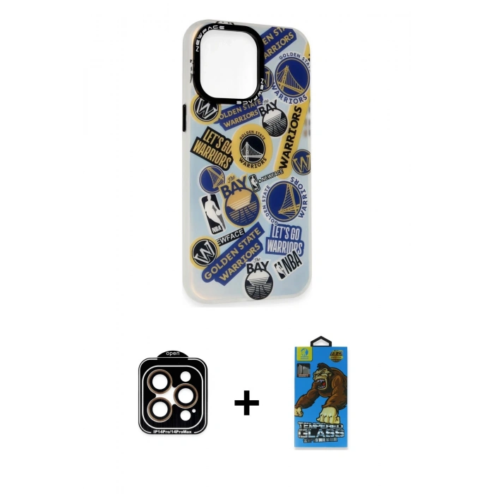 MARSİLYAN™- iPhone 14 Pro Max Kılıf Siluet Çizgi Koleksiyonu - Siyah 18D Cam Ekran Koruyucu + Turuncu PVD Metal Kamera Lens