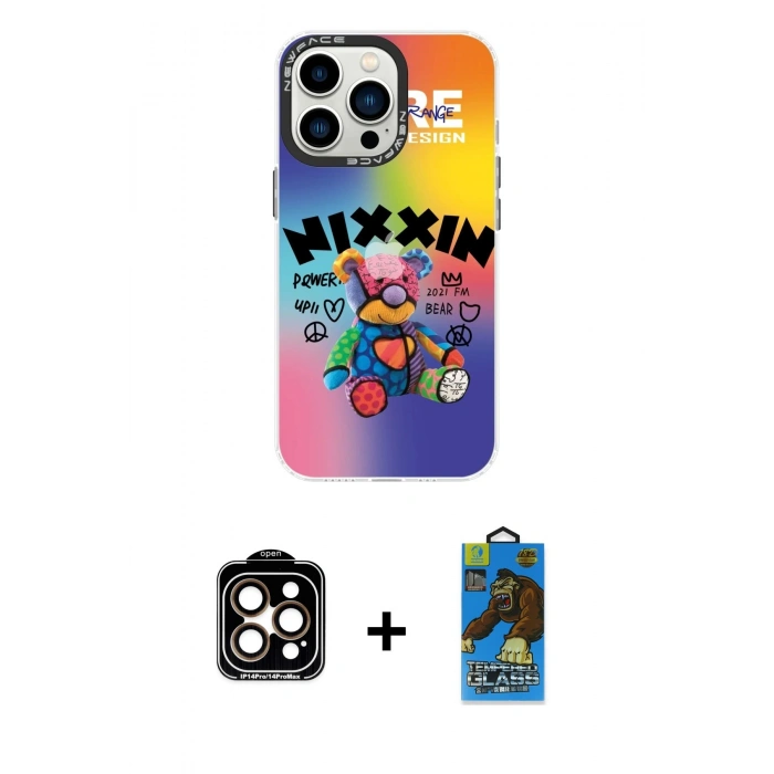 MARSİLYAN™- iPhone 14 Pro Max Kılıf Siluet Çizgi Koleksiyonu - Siyah 18D Cam Ekran Koruyucu + Turuncu PVD Metal Kamera Lens