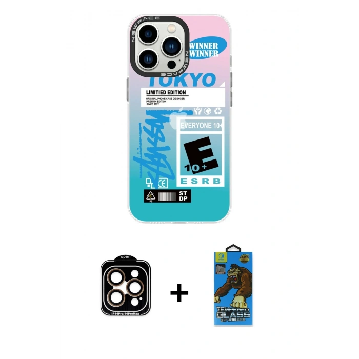 MARSİLYAN™- iPhone 14 Pro Max Kılıf Siluet Çizgi Koleksiyonu - Siyah 18D Cam Ekran Koruyucu + Turuncu PVD Metal Kamera Lens