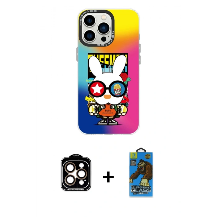 MARSİLYAN™- iPhone 14 Pro Max Kılıf Siluet Çizgi Koleksiyonu - Siyah 18D Cam Ekran Koruyucu + Turuncu PVD Metal Kamera Lens