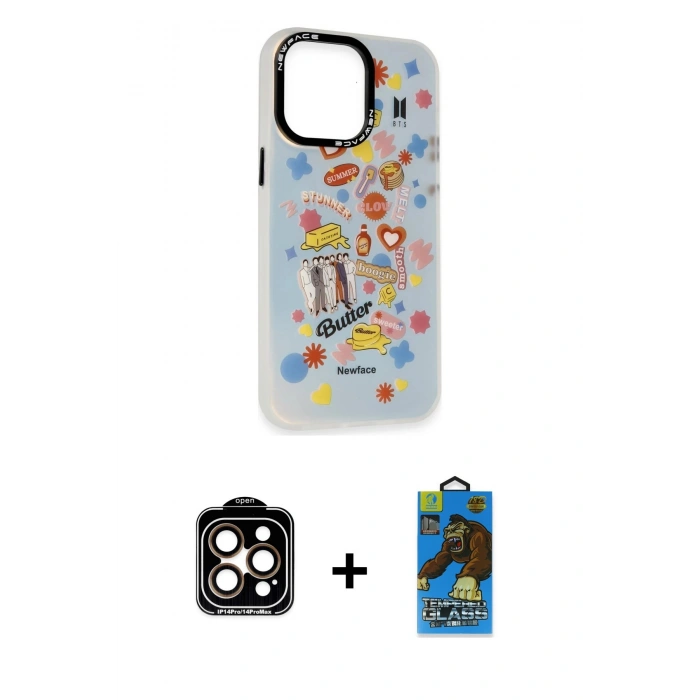 MARSİLYAN™- iPhone 14 Pro Max Kılıf Siluet Çizgi Koleksiyonu - Siyah 18D Cam Ekran Koruyucu + Turuncu PVD Metal Kamera Lens