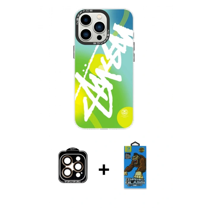 MARSİLYAN™- iPhone 14 Pro Max Kılıf Siluet Çizgi Koleksiyonu - Siyah 18D Cam Ekran Koruyucu + Turuncu PVD Metal Kamera Lens