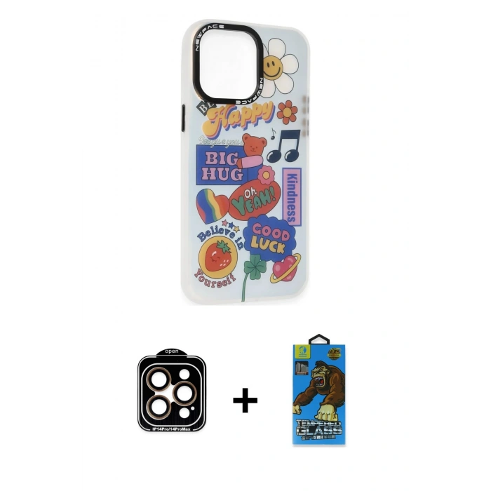 MARSİLYAN™- iPhone 14 Pro Max Kılıf Siluet Çizgi Koleksiyonu - Siyah 18D Cam Ekran Koruyucu + Turuncu PVD Metal Kamera Lens