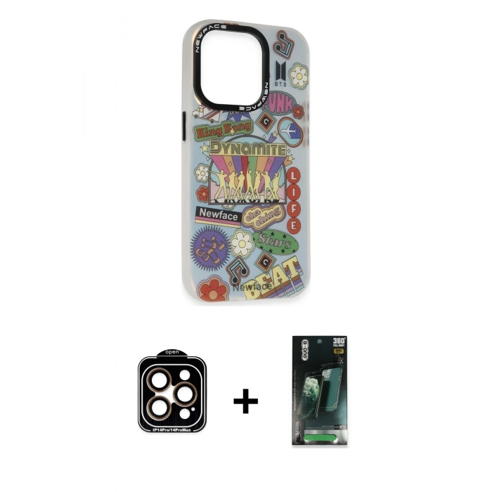 MARSİLYAN™- iPhone 14 Pro Max Kılıf Siluet Çizgi Koleksiyonu - Siyah 360 Mat Full Body Arka Koruyucu + PVD Metal Kamera Lens - TU