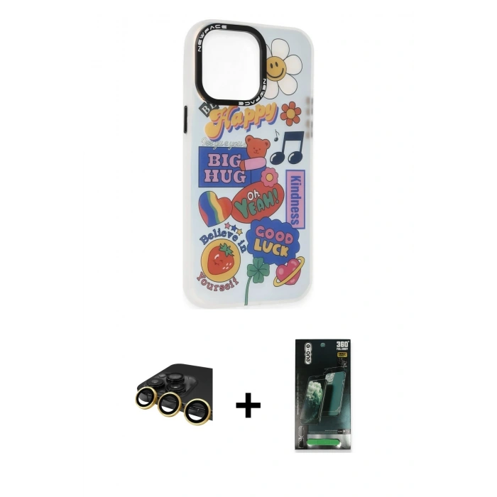 MARSİLYAN™- iPhone 14 Pro Max Kılıf Siluet Çizgi Koleksiyonu - Siyah 360 Mat Full Body Arka Koruyucu + Raze Metal Kamera Lens - GD