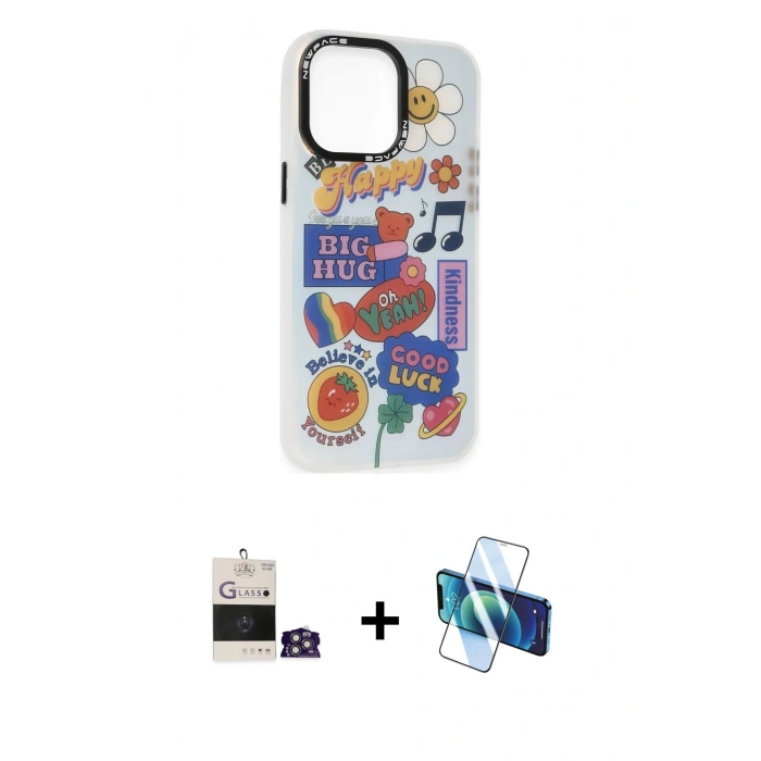 MARSİLYAN™- iPhone 14 Pro Max Kılıf Siluet Çizgi Koleksiyonu - Siyah 3D Antistatik Cam Ekran Koruyucu + Bilvis Titan Kamera Lens - GS