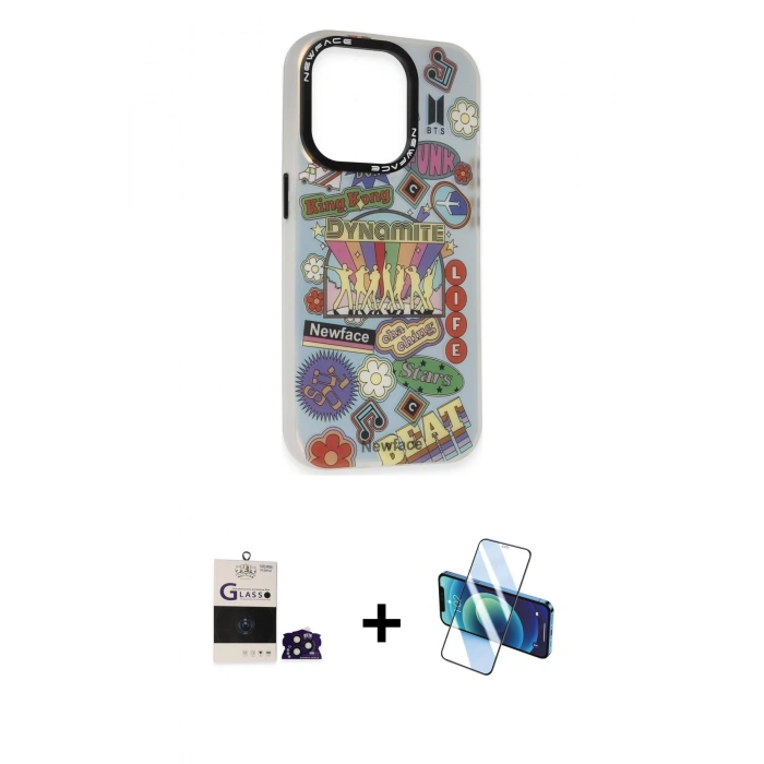 MARSİLYAN™- iPhone 14 Pro Max Kılıf Siluet Çizgi Koleksiyonu - Siyah 3D Antistatik Cam Ekran Koruyucu + Bilvis Titan Kamera Lens - DNMR
