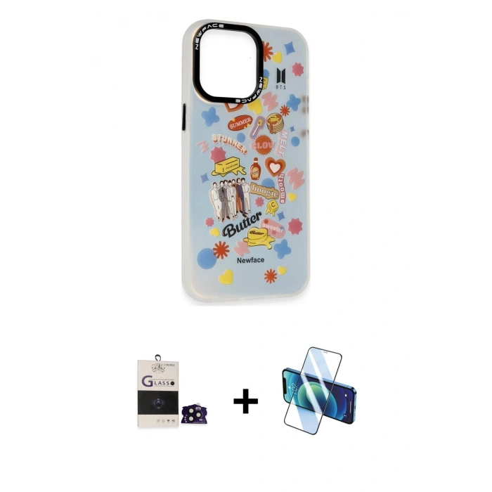 MARSİLYAN™- iPhone 14 Pro Max Kılıf Siluet Çizgi Koleksiyonu - Siyah 3D Antistatik Cam Ekran Koruyucu + Bilvis Titan Kamera Lens - SH