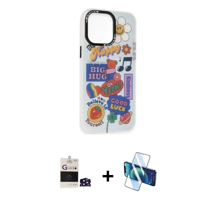 MARSİLYAN™- iPhone 14 Pro Max Kılıf Siluet Çizgi Koleksiyonu - Siyah 3D Antistatik Cam Ekran Koruyucu + Bilvis Titan Kamera Lens - DNMR