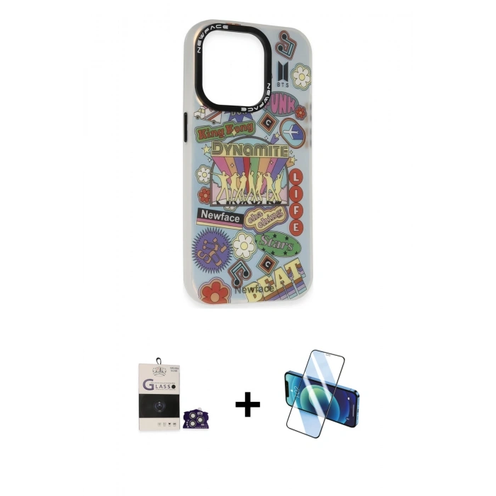MARSİLYAN™- iPhone 14 Pro Max Kılıf Siluet Çizgi Koleksiyonu - Siyah 3D Antistatik Cam Ekran Koruyucu + Bilvis Titan Kamera Lens - GS