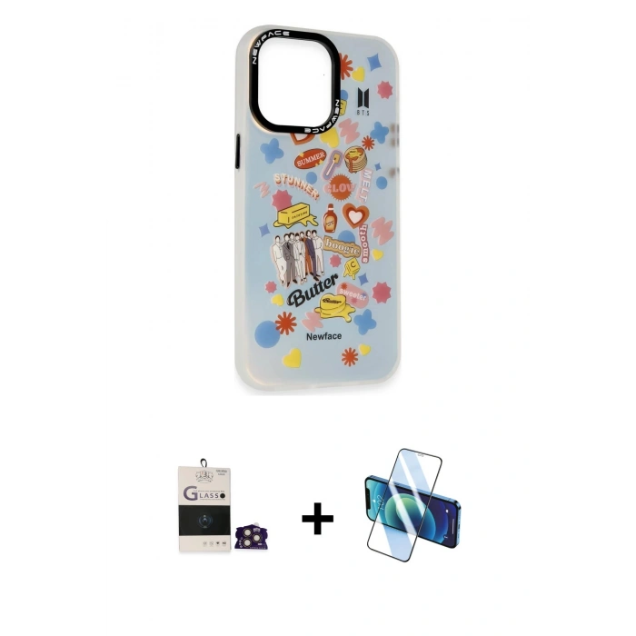 MARSİLYAN™- iPhone 14 Pro Max Kılıf Siluet Çizgi Koleksiyonu - Siyah 3D Antistatik Cam Ekran Koruyucu + Bilvis Titan Kamera Lens - GD