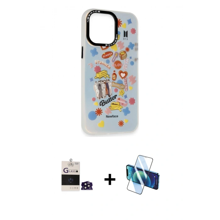 MARSİLYAN™- iPhone 14 Pro Max Kılıf Siluet Çizgi Koleksiyonu - Siyah 3D Antistatik Cam Ekran Koruyucu + Bilvis Titan Kamera Lens - DNMR