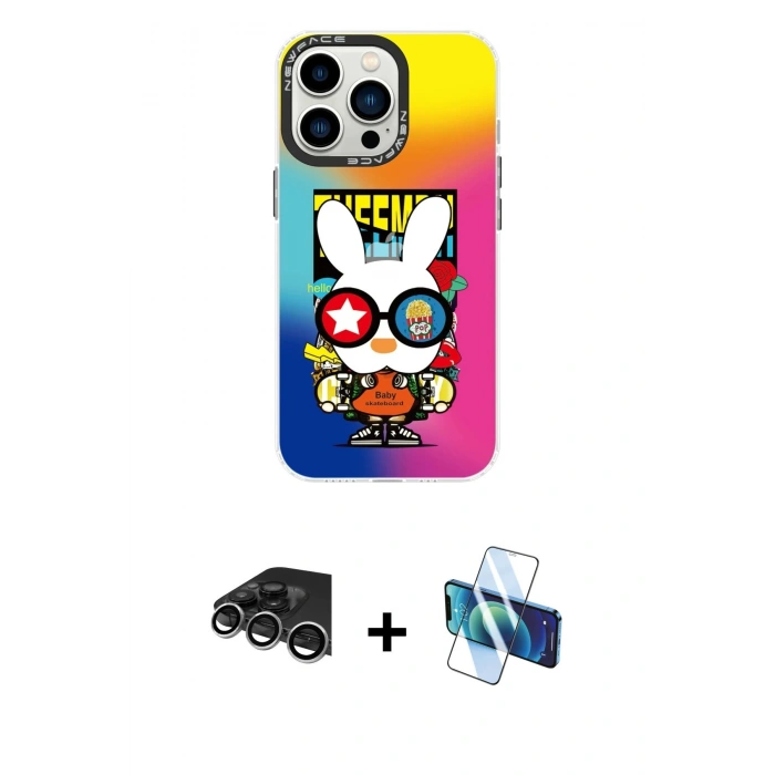 MARSİLYAN™- iPhone 14 Pro Max Kılıf Siluet Çizgi Koleksiyonu - Siyah 3D Antistatik Cam Ekran Koruyucu + Raze Metal Kamera Lens - GS