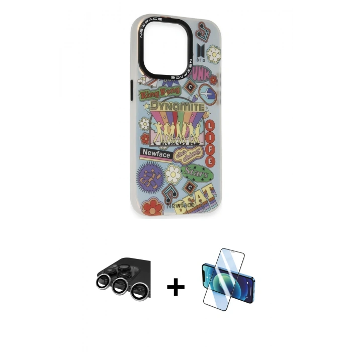 MARSİLYAN™- iPhone 14 Pro Max Kılıf Siluet Çizgi Koleksiyonu - Siyah 3D Antistatik Cam Ekran Koruyucu + Raze Metal Kamera Lens - GS