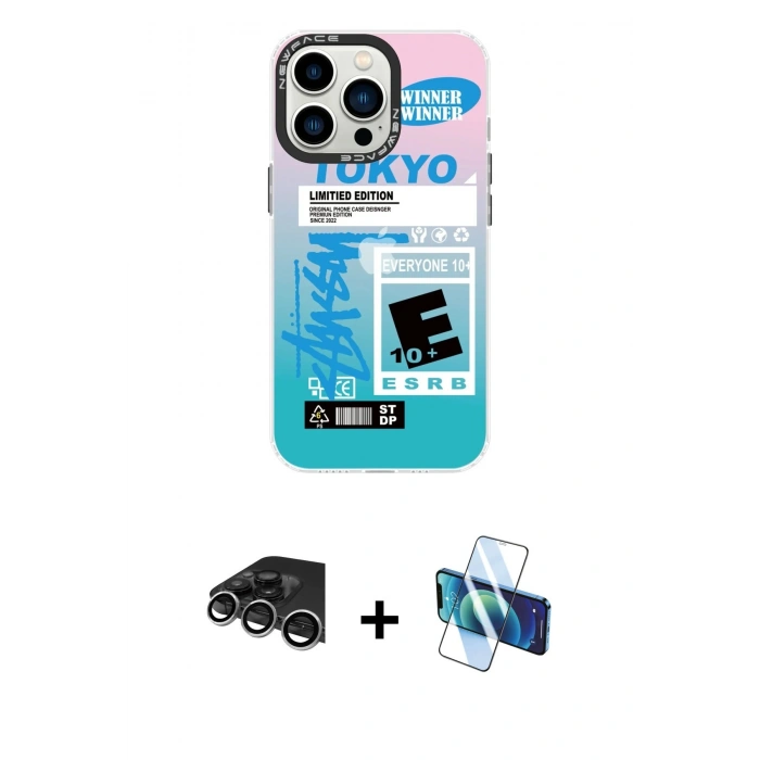 MARSİLYAN™- iPhone 14 Pro Max Kılıf Siluet Çizgi Koleksiyonu - Siyah 3D Antistatik Cam Ekran Koruyucu + Raze Metal Kamera Lens - GS