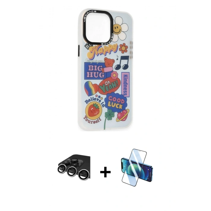 MARSİLYAN™- iPhone 14 Pro Max Kılıf Siluet Çizgi Koleksiyonu - Siyah 3D Antistatik Cam Ekran Koruyucu + Raze Metal Kamera Lens - GS