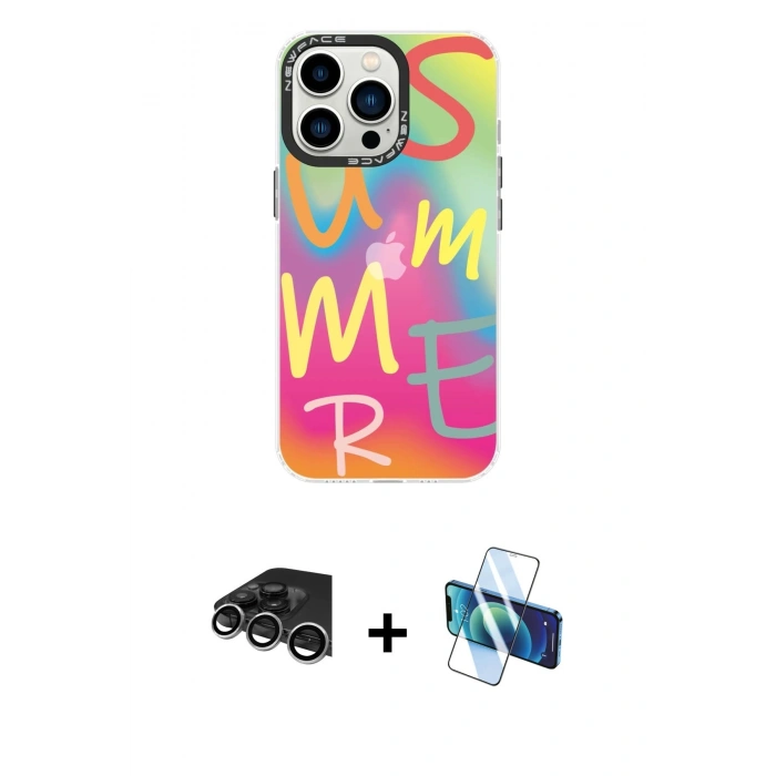 MARSİLYAN™- iPhone 14 Pro Max Kılıf Siluet Çizgi Koleksiyonu - Siyah 3D Antistatik Cam Ekran Koruyucu + Raze Metal Kamera Lens - GS