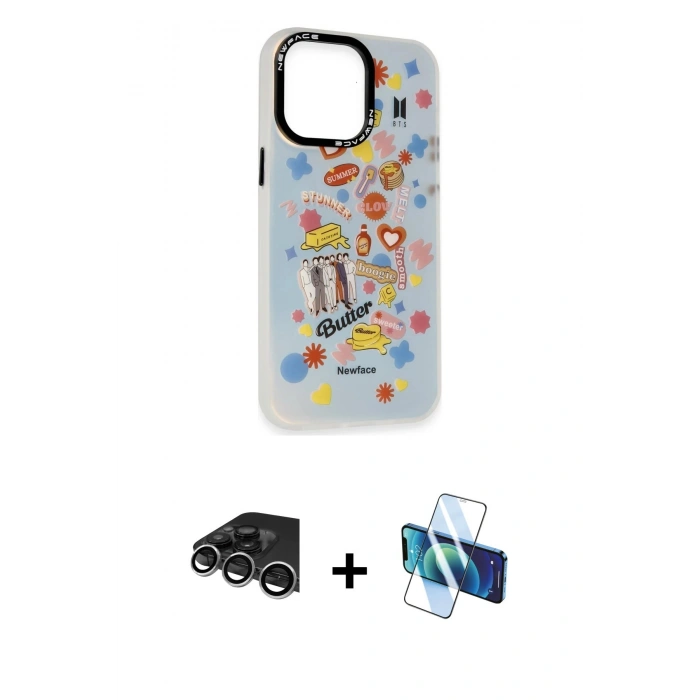 MARSİLYAN™- iPhone 14 Pro Max Kılıf Siluet Çizgi Koleksiyonu - Siyah 3D Antistatik Cam Ekran Koruyucu + Raze Metal Kamera Lens - GS