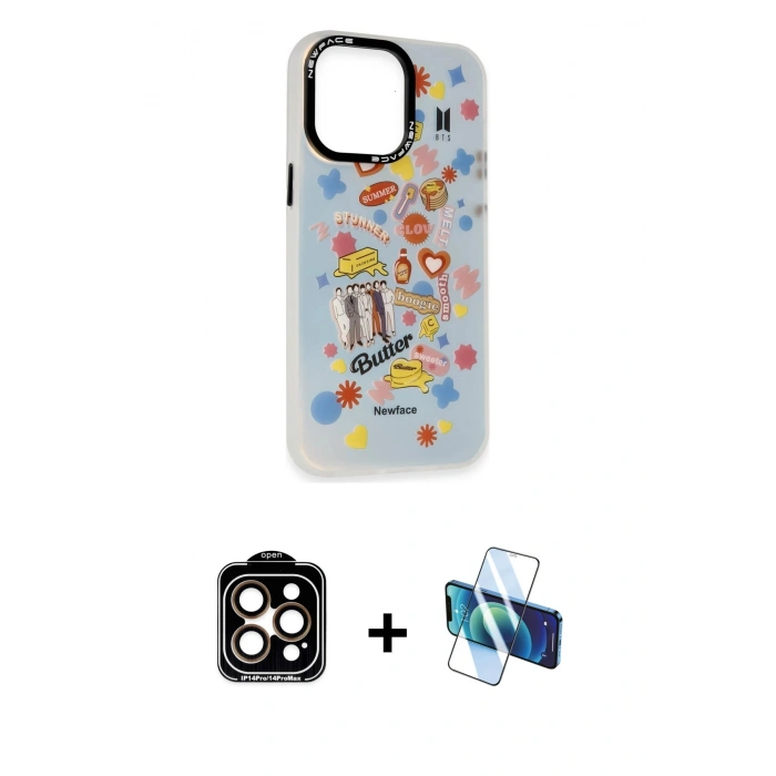 MARSİLYAN™- iPhone 14 Pro Max Kılıf Siluet Çizgi Koleksiyonu - Siyah 3D Antistatik Cam Ekran Koruyucu + Turuncu PVD Metal Kamera Lens