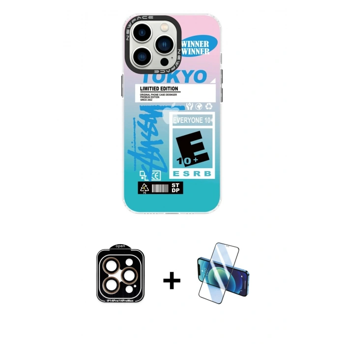 MARSİLYAN™- iPhone 14 Pro Max Kılıf Siluet Çizgi Koleksiyonu - Siyah 3D Antistatik Cam Ekran Koruyucu + Turuncu PVD Metal Kamera Lens