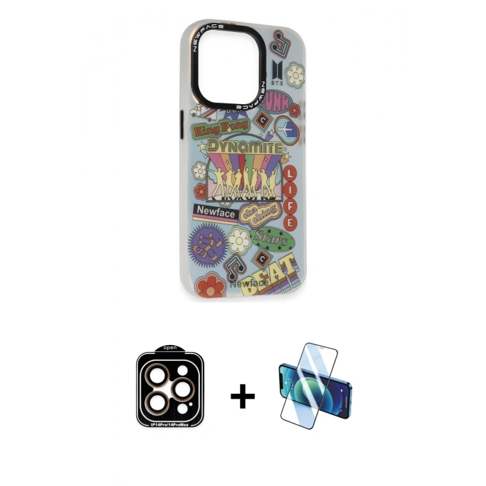 MARSİLYAN™- iPhone 14 Pro Max Kılıf Siluet Çizgi Koleksiyonu - Siyah 3D Antistatik Cam Ekran Koruyucu + Turuncu PVD Metal Kamera Lens