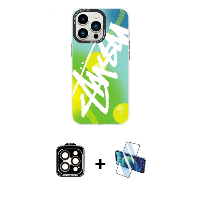 MARSİLYAN™- iPhone 14 Pro Max Kılıf Siluet Çizgi Koleksiyonu - Siyah 3D Antistatik Cam Ekran Koruyucu + Turuncu PVD Metal Kamera Lens