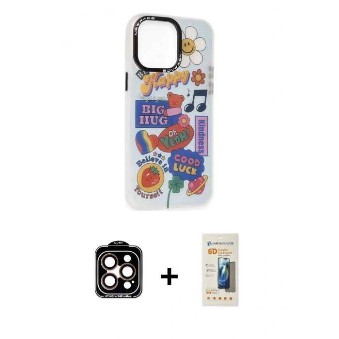 MARSİLYAN™- iPhone 14 Pro Max Kılıf Siluet Çizgi Koleksiyonu - Siyah 6D Mat Seramik Hayalet Nano Ekran Koruyucu + PVD Metal Kamera Lens - TU
