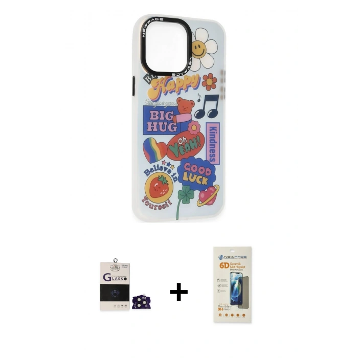 MARSİLYAN™- iPhone 14 Pro Max Kılıf Siluet Çizgi Koleksiyonu - Siyah 6D Mat Seramik Hayalet Nano Ekran Koruyucu + Bilvis Titan Kamera Lens - DNMR