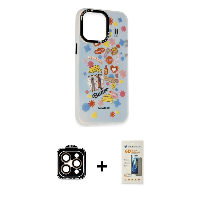 MARSİLYAN™- iPhone 14 Pro Max Kılıf Siluet Çizgi Koleksiyonu - Siyah 6D Mat Seramik Hayalet Nano Ekran Koruyucu + PVD Metal Kamera Lens - TU