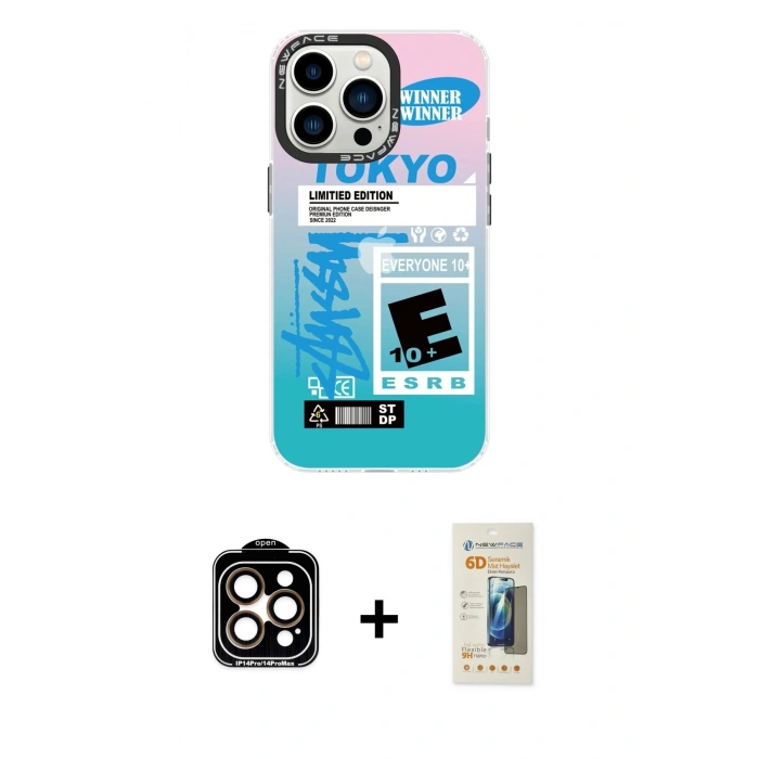 MARSİLYAN™- iPhone 14 Pro Max Kılıf Siluet Çizgi Koleksiyonu - Siyah 6D Mat Seramik Hayalet Nano Ekran Koruyucu + PVD Metal Kamera Lens - TU