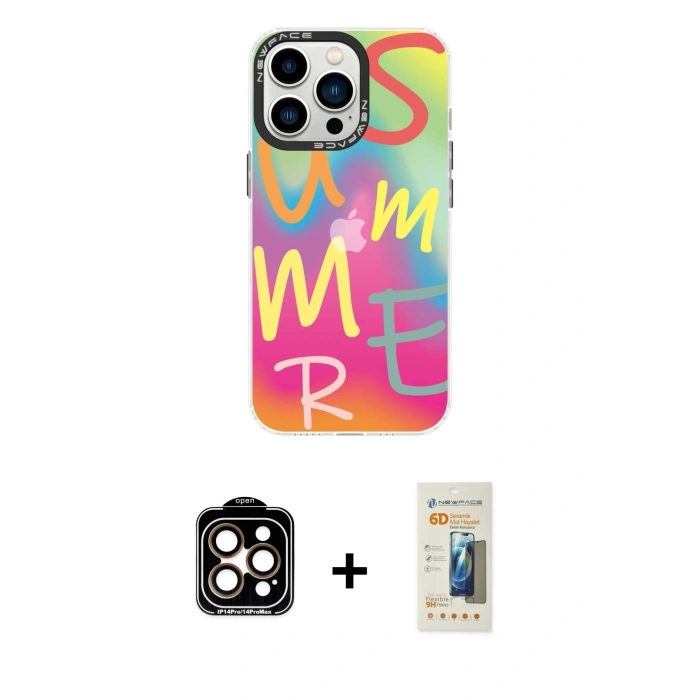 MARSİLYAN™- iPhone 14 Pro Max Kılıf Siluet Çizgi Koleksiyonu - Siyah 6D Mat Seramik Hayalet Nano Ekran Koruyucu + PVD Metal Kamera Lens - TU