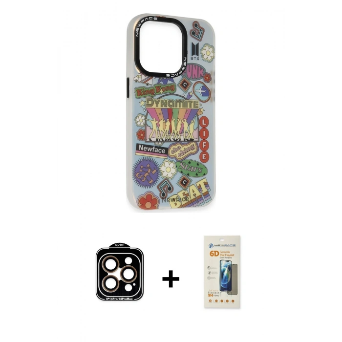 MARSİLYAN™- iPhone 14 Pro Max Kılıf Siluet Çizgi Koleksiyonu - Siyah 6D Mat Seramik Hayalet Nano Ekran Koruyucu + PVD Metal Kamera Lens - TU