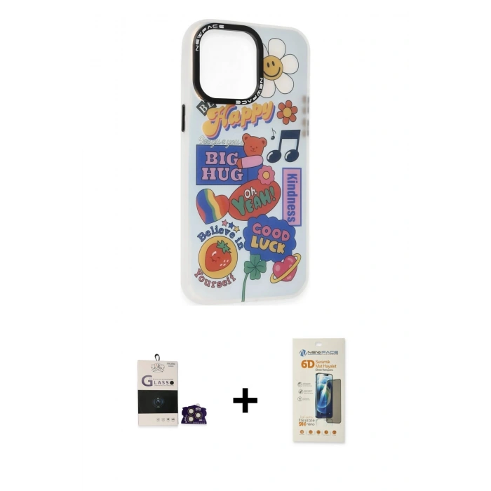 MARSİLYAN™- iPhone 14 Pro Max Kılıf Siluet Çizgi Koleksiyonu - Siyah 6D Mat Seramik Hayalet Nano Ekran Koruyucu + Gold Bilvis Titan Kamera Lens
