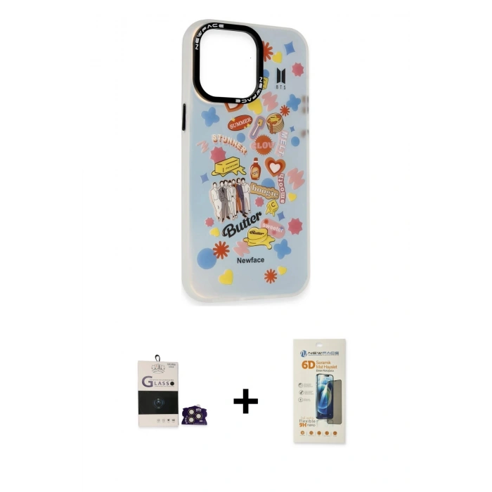 MARSİLYAN™- iPhone 14 Pro Max Kılıf Siluet Çizgi Koleksiyonu - Siyah 6D Mat Seramik Hayalet Nano Ekran Koruyucu + Gold Bilvis Titan Kamera Lens