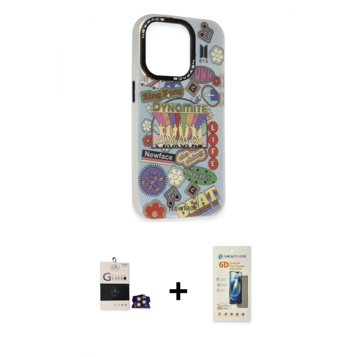 MARSİLYAN™- iPhone 14 Pro Max Kılıf Siluet Çizgi Koleksiyonu - Siyah 6D Mat Seramik Hayalet Nano Ekran Koruyucu + Gold Bilvis Titan Kamera Lens