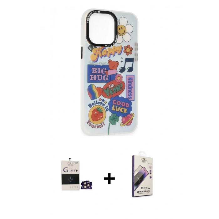 MARSİLYAN™- iPhone 14 Pro Max Kılıf Siluet Çizgi Koleksiyonu - Siyah Bilvis 3D Mat Cam Ekran Koruyucu + Bilvis Titan Kamera Lens - GD