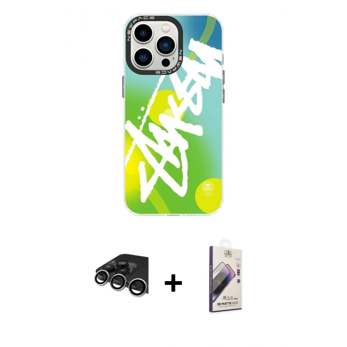 MARSİLYAN™- iPhone 14 Pro Max Kılıf Siluet Çizgi Koleksiyonu - Siyah Bilvis 3D Mat Cam Ekran Koruyucu + Gümüş Raze Metal Kamera Lens