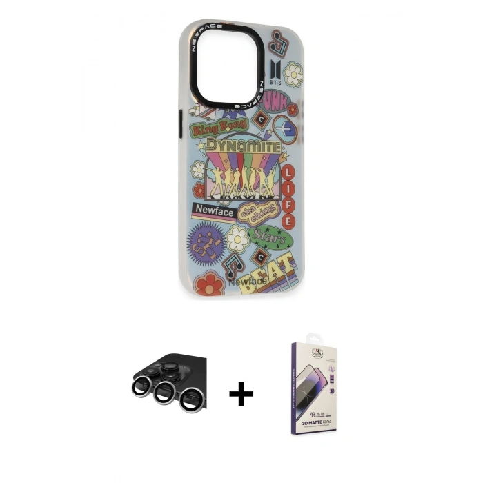 MARSİLYAN™- iPhone 14 Pro Max Kılıf Siluet Çizgi Koleksiyonu - Siyah Bilvis 3D Mat Cam Ekran Koruyucu + Gümüş Raze Metal Kamera Lens