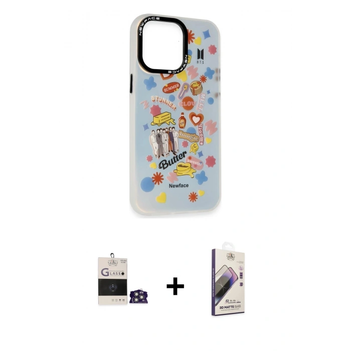 MARSİLYAN™- iPhone 14 Pro Max Kılıf Siluet Çizgi Koleksiyonu - Siyah Bilvis 3D Mat Cam Ekran Koruyucu + Bilvis Titan Kamera Lens - GS
