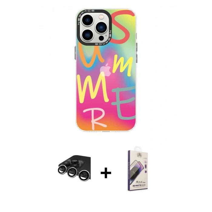MARSİLYAN™- iPhone 14 Pro Max Kılıf Siluet Çizgi Koleksiyonu - Siyah Bilvis 3D Mat Cam Ekran Koruyucu + Gümüş Raze Metal Kamera Lens